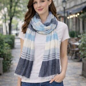 FRAAS Striped Scarf Womens OS New Blue White Linen Blend Nautical Coastal Wrap